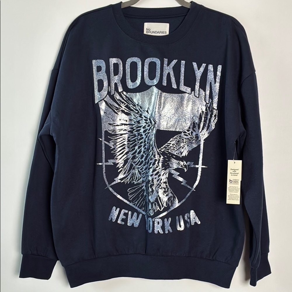 Brooklyn NY Eagle Shiny Graphic Crew Neck Sweater by No Boundaries